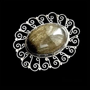 Los Ballesteros vintage sterling silver 925 obsidian brooch pin
